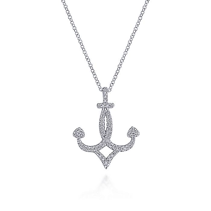 White Gold Pave Diamond Encrusted Anchor Pendant Necklaces
