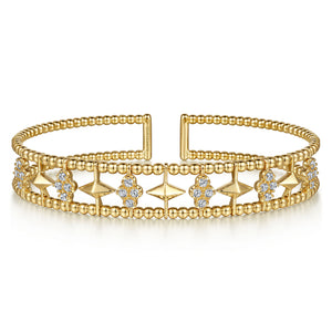 14K Yellow Gold Bujukan Diamond Cluster and Gold Pyramid Cuff Bangle