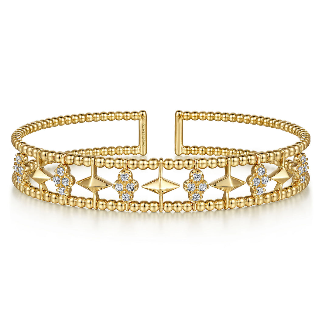 14K Yellow Gold Bujukan Diamond Cluster and Gold Pyramid Cuff Bangle