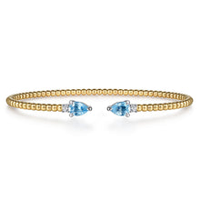 Load image into Gallery viewer, 14K White Yellow Gold Bujukan Open Cuff Bracelet with Blue Topaz and Diamond End Caps
