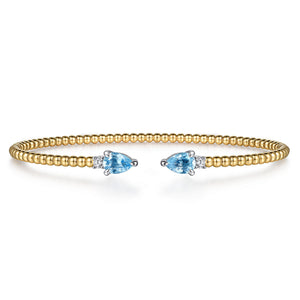 14K White Yellow Gold Bujukan Open Cuff Bracelet with Blue Topaz and Diamond End Caps