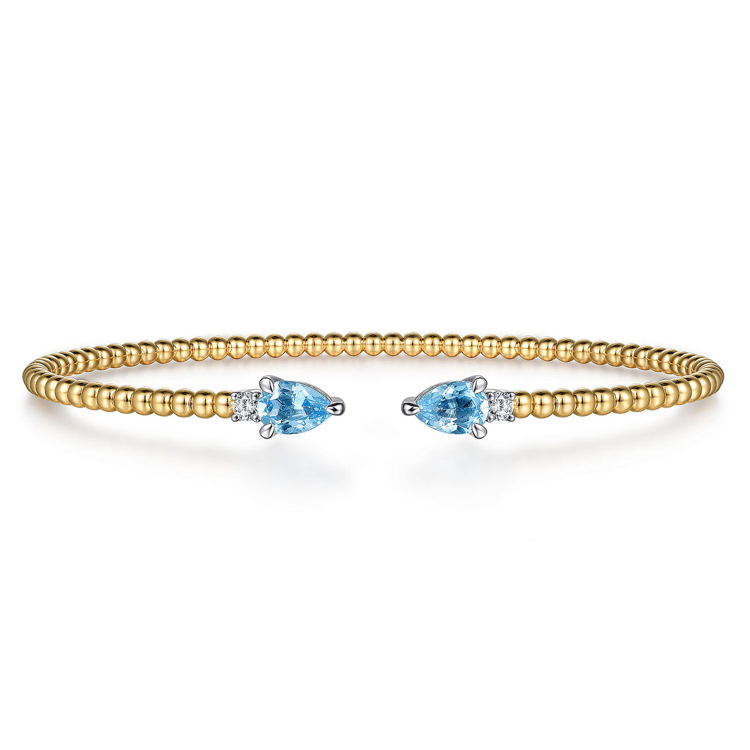 14K White Yellow Gold Bujukan Open Cuff Bracelet with Blue Topaz and Diamond End Caps