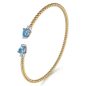 14K White Yellow Gold Bujukan Open Cuff Bracelet with Blue Topaz and Diamond End Caps