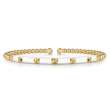 Load image into Gallery viewer, 14K Yellow Gold Bujukan Beads and Pyramid Split Bangle with White Enamel
