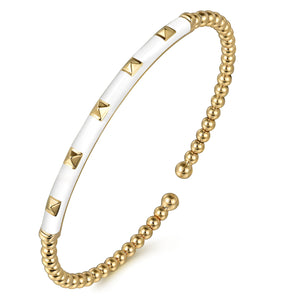 14K Yellow Gold Bujukan Beads and Pyramid Split Bangle with White Enamel