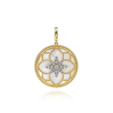 Load image into Gallery viewer, 14K Yellow Gold 32mm Bujukan Diamond and Mother of Pearl Medallion Pendant
