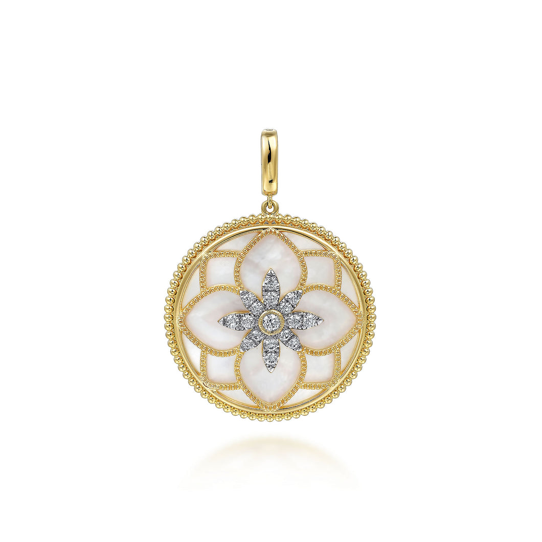 14K Yellow Gold 32mm Bujukan Diamond and Mother of Pearl Medallion Pendant