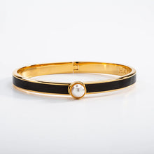 Load image into Gallery viewer, Halcyon Days Skinny Cabochon Pearl Black &amp; Gold Bangle
