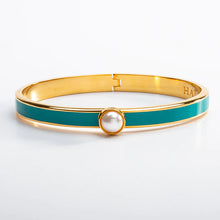 Load image into Gallery viewer, Halcyon Days Skinny Cabochon Pearl Turquoise &amp; Gold Bangle
