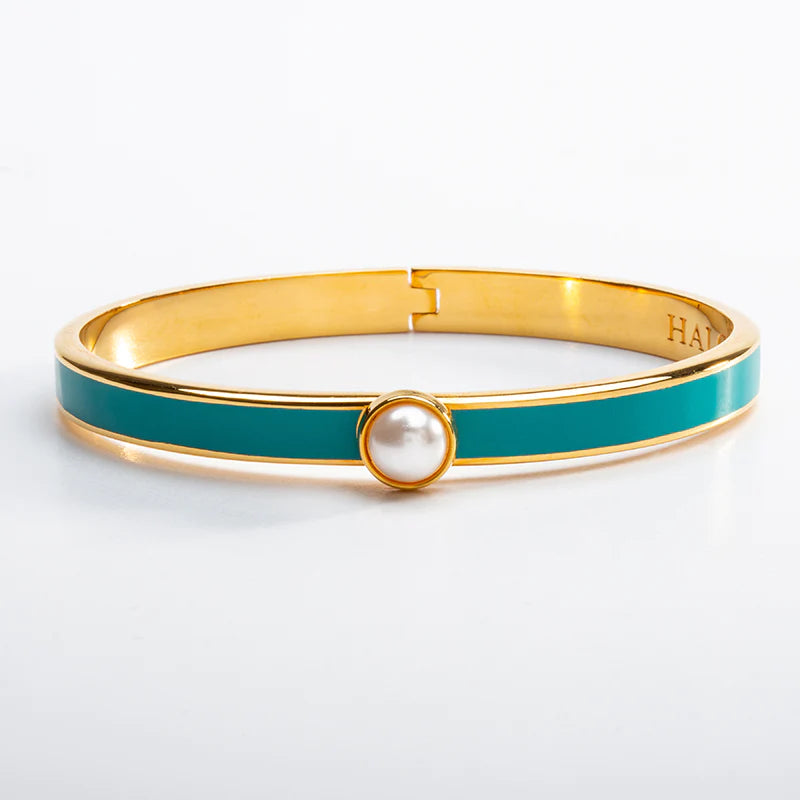 Halcyon Days Skinny Cabochon Pearl Turquoise & Gold Bangle