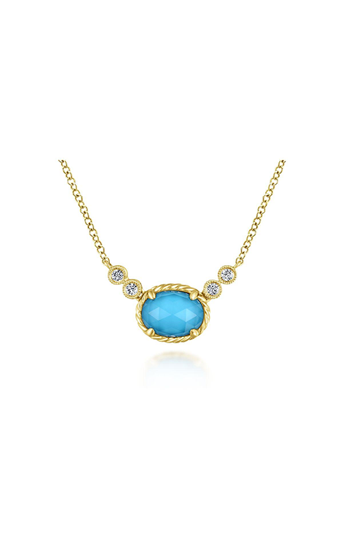 Yellow Gold Oval Rock Turquoise and Diamond Pendant Necklace