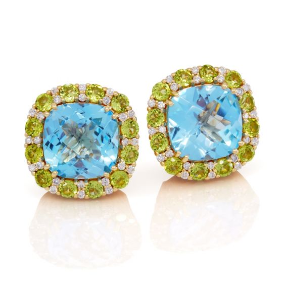 Blue Topaz, Peridot, and Diamond Earrings