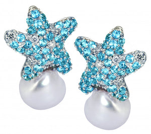 Aquamarine Starfish and Pearl Earrings in 14kt White Gold