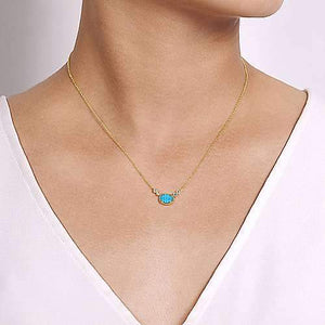 Yellow Gold Oval Rock Turquoise and Diamond Pendant Necklace